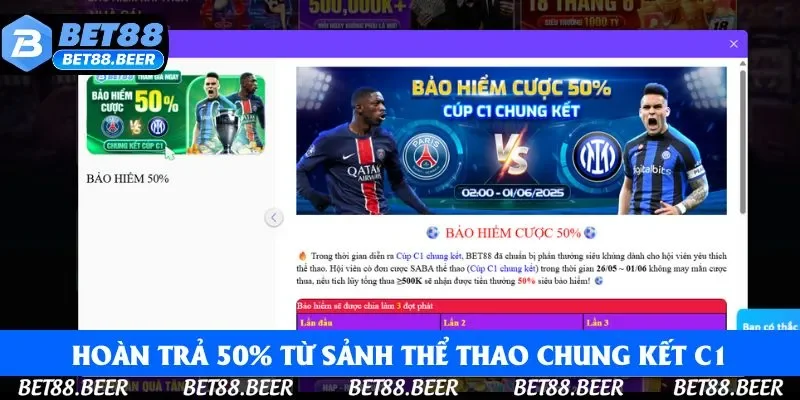 Hoàn trả 50% từ sảnh thể thao chung kết C1